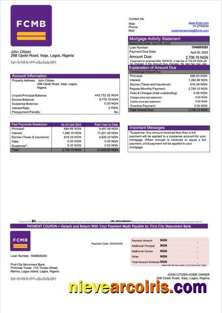 Nigeria First City Monument Bank mortgage statement Word and PDF template